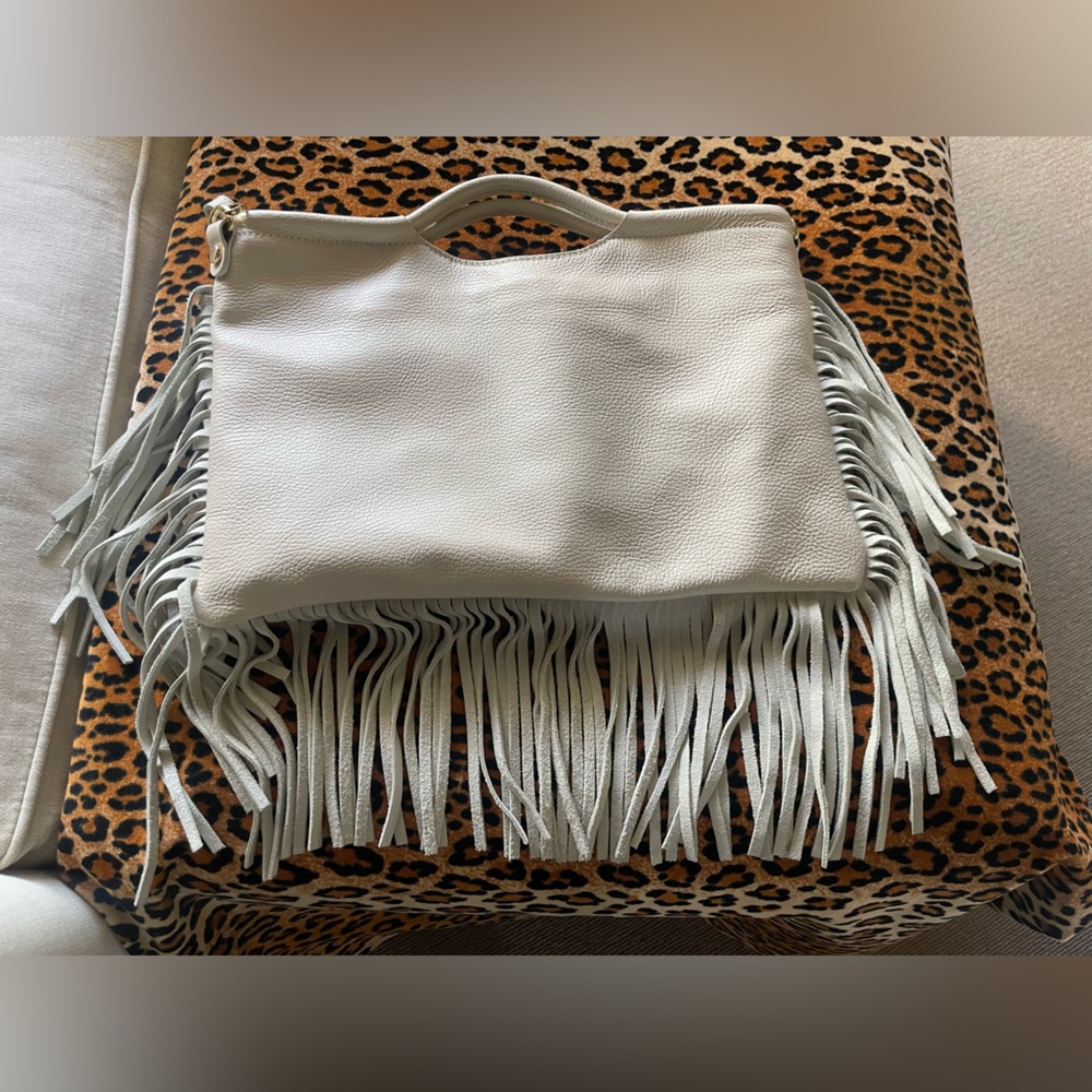 Cream Leather fringe Handbag with strap. Leather, made and purchased in Italy